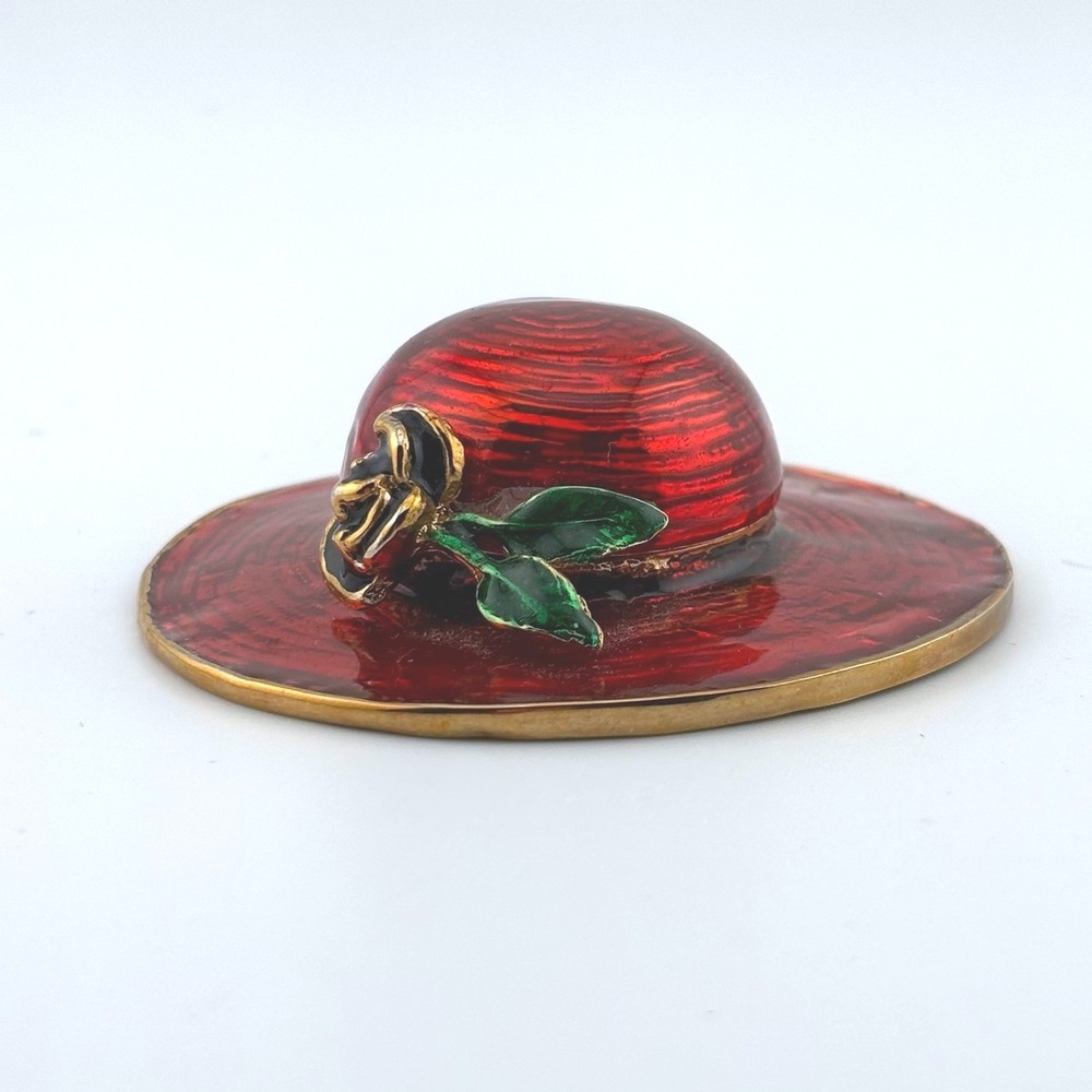 Vintage‎ Red Enamel Sun Hat Trinket Box Black Rose Magnetic Hinged Pill Box